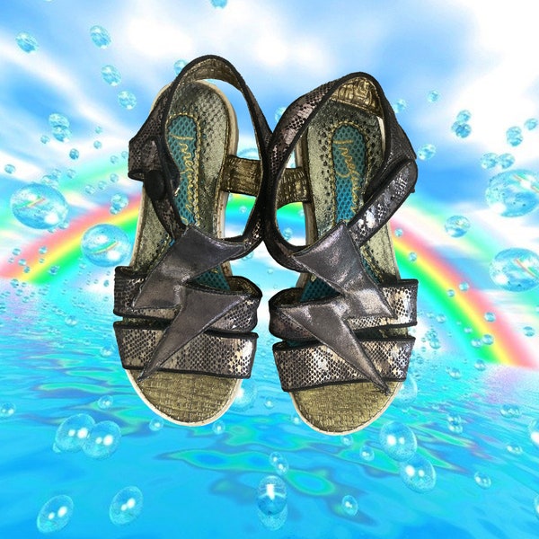 Metallic Sandals , "Irregular choice" sandals . Funky sandals . silver lightning sandals , Zigzag chunky white soles . Size 38 .