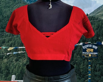 Red Crop Top: Indian Cotton Blouse, Deep V Neck, Size S/M