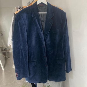 Vintage 90s Deep Blue Velvet Blazer: Italian Cotton Sport Coat (Size 54)
