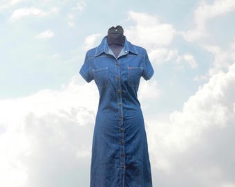 Abito vintage in denim con bottoni anni '90: abito midi in jeans 100% cotone