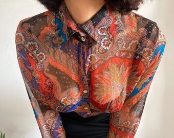 Y2K Dolce Gabbana Silk Blouse: Sheer Orange Paisley Print, IT 42