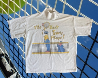 Vintage 80s Tennis Polo Shirt, Graphic Print, Size S/M