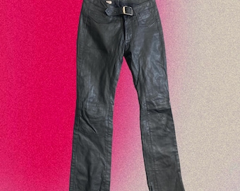 Vintage Y2k Low Rise Leather Biker Pants with Buckle (Size XXS)