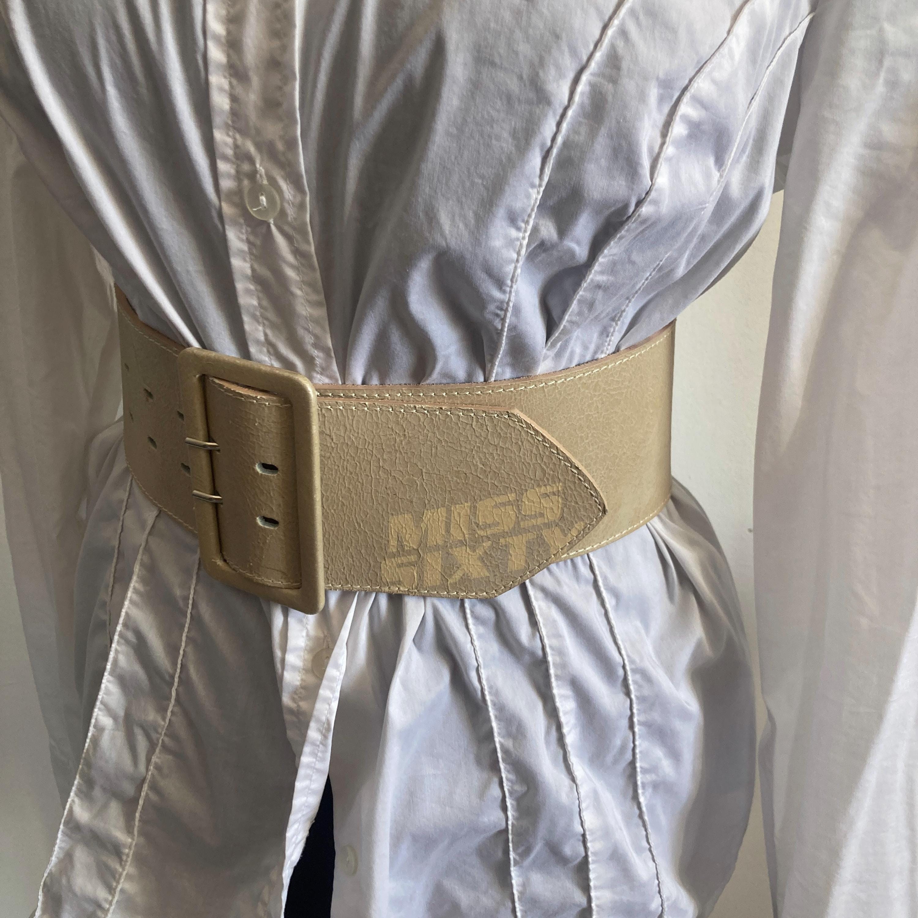 Vintage MISS SIXTY Beige Leather Belt: Y2K Chunky High Waist 
