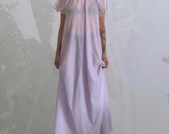 Vintage Lilac Sheer Maxi Nightgown with Lace - Size Medium