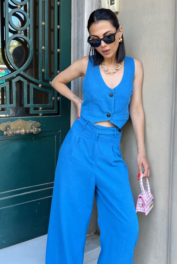 Blue Linen Suit Linen Vest Pants and 
