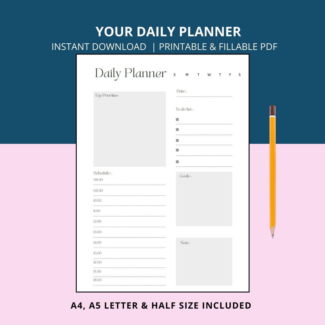 Daily Planner Instant Digital Download A4, A5 & Half Size PDF Included ...