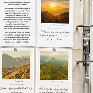 May include: Set of six hope-filled scripture cards with mountain imagery. Each card features a Bible verse about hope and faith. The cards are designed for quiet time, prayer, journaling, or display.