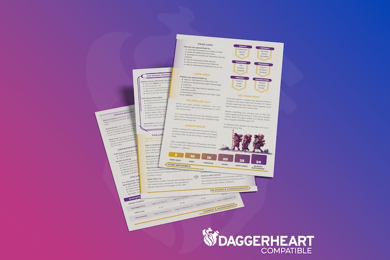 May include: Three-page Daggerheart compatible game guide with text and illustrations. The pages are white with black text and yellow accents. The background is a gradient of purple and blue. The Daggerheart logo is at the bottom.