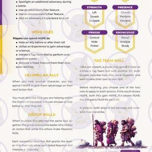 May include: A purple and white game mechanics chart detailing Fear and Hope uses, Agility, Strength, Finesse, Instinct, Presence, and Knowledge. Includes difficulty levels from Very Easy to Almost Impossible.