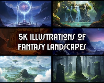May include: A collage of six fantasy landscape illustrations. The top left image shows a glowing orb in a snowy mountain range. The top right image shows a waterfall cascading into a pool of water. The bottom left image shows a green island with floating islands in the sky. The bottom right image shows a forest with tall stone pillars. The middle images show the text "5K ILLUSTRATIONS OF FANTASY LANDSCAPES".