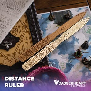 May include: Two wooden distance rulers with engraved designs, alongside miniature figurines and game components. The rulers are light brown and gold, with intricate patterns. The text "DISTANCE RULER" is visible at the bottom of the image.