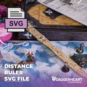 May include: A wooden distance ruler with engraved details lies on a game board with miniature figures. A pink basket with dice and a file icon with "SVG" text are also present. The text "DISTANCE RULER SVG FILE" is displayed.