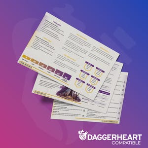 May include: Three white sheets of paper with text and graphics, stacked at an angle, against a gradient purple and blue background. The text includes "FEAR USES" and "CORE MECHANICS". The bottom right corner has the text "DAGGERHEART COMPATIBLE".