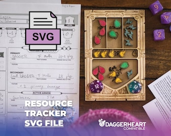 Può includere: Un tracker di risorse in legno con vari pezzi di gioco, dadi e un foglio del personaggio. Il tracker ha scomparti per HP, armatura e altri elementi di gioco. Il testo "RESOURCE TRACKER SVG FILE" è visibile.