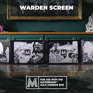 May include: A four-panel Warden Screen for the Mothership Sci-Fi Horror RPG. The black panels feature detailed black and white illustrations of spaceships, figures, and the letter "M". The text "WARDEN SCREEN" is at the top.