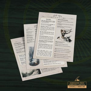 May include: Three sheets of paper with text and illustrations, possibly for a tabletop role-playing game. The top sheet is titled "GM Tips". The bottom right corner has the text "Candela Obscura" and a logo. The background is a dark green wood grain.