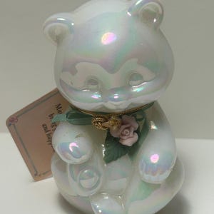 Vintage Fenton White Iridescent Art Glass Bear with Rose—Handmade in USA, with Original Tag