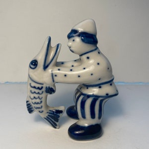 Vintage Gzhel Ceramic Figurine - Emelja with Pike, Fairy Tale - Made in USSR, Handpainted