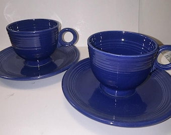 Pair of Vintage Fiesta Homer Laughlin Cobalt Blue Cups and Saucers