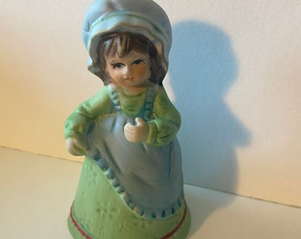 Vintage Jasco Porcelain Girl Figurine Bell in Green Dress