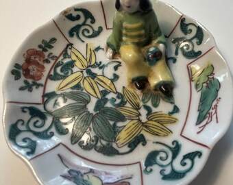 Vintage Trinket Ring Dish with Figure - Marked: Hand-Painted in Occupied Japan