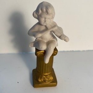 Vintage Cherub/Young Child Figurine - Holding Violin - On Gold Stand