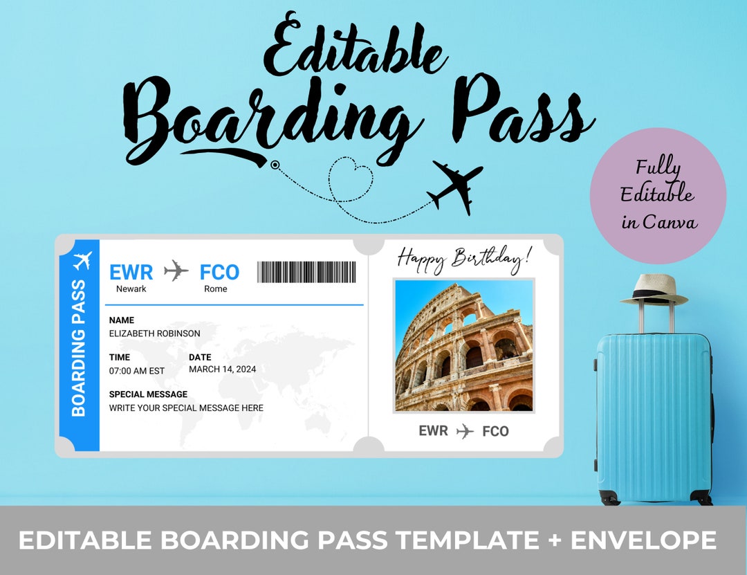 Printable Plane Ticket Editable Boarding Pass Template Printable