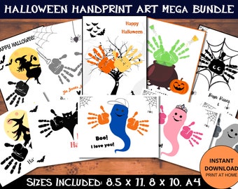 May include: A set of printable Halloween handprint art cards. The cards feature various Halloween themes, including a witch on a broomstick, a ghost, a spider, and a cauldron. The cards are designed to be used with children's handprints to create unique and personalized Halloween decorations.