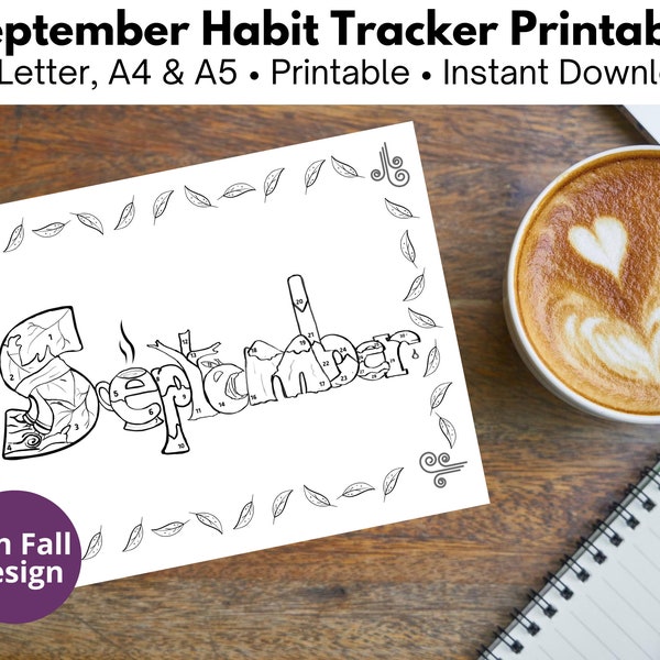 Daily Habit Tracker PDF in Sizes US Letter, A5. Habit Tracker Printable. Habit Tracker Coloring Page. September Habit Tracker. Habit Tracker