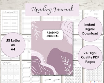 Può includere: Un diario di lettura stampabile con 24 pagine in un design astratto viola e bianco. La copertina presenta il testo "Reading Journal" e il testo "Download digitale istantaneo" è incluso. Il diario è disponibile nei formati US Letter, A5 e A4.