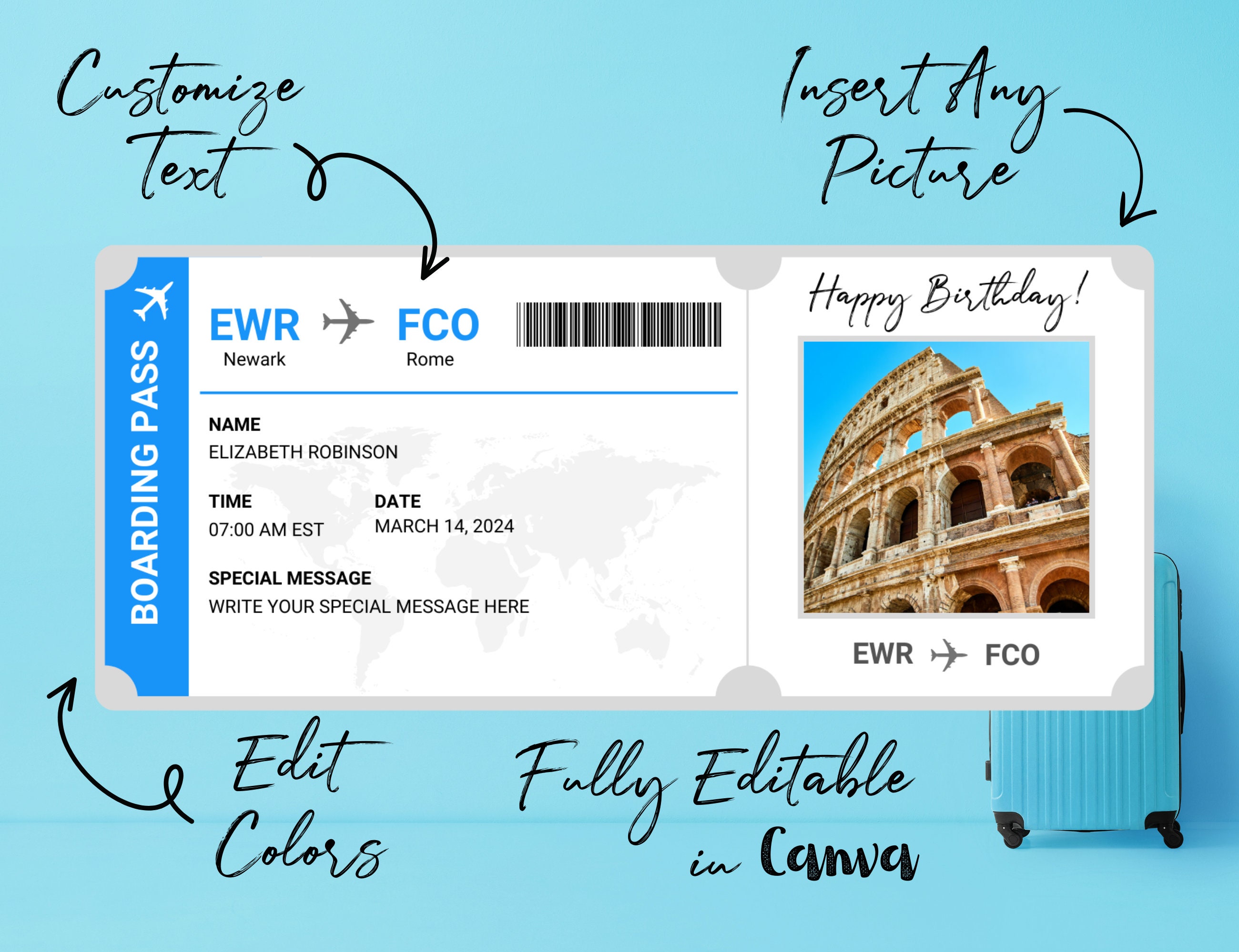 Printable Plane Ticket | Editable Boarding Pass Template | Printable ...