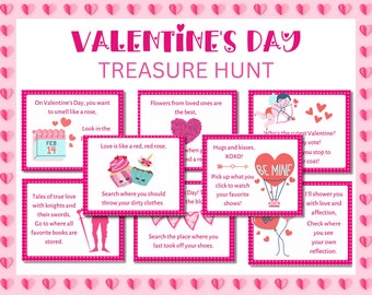 May include: A Valentine's Day treasure hunt game with pink and red cards featuring clues and illustrations. The cards have text such as "On Valentine's Day, you want to smell like a rose" and "Love is like a red, red rose".