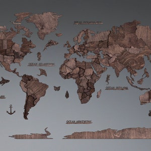 Carte du monde 3D en bois Décoration d'intérieur couleur version Macchiato Pop