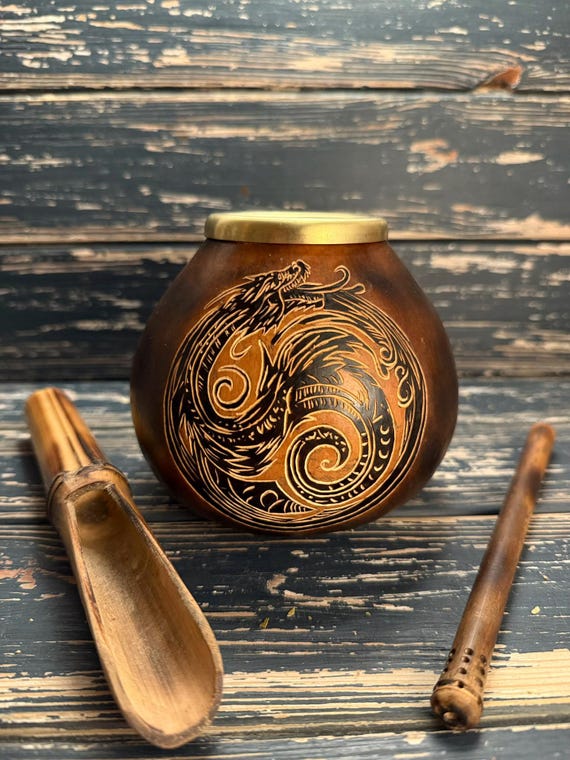 Handmade Uroboros Calabash Mate Gourd Set: Bamboo Bombilla & Spoon