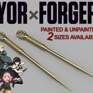 Peut inclure: Deux fl&eacute;chettes de lancer en m&eacute;tal de couleur dor&eacute;e avec un anneau &agrave; l'extr&eacute;mit&eacute; du manche. Les fl&eacute;chettes sont pointues et ac&eacute;r&eacute;es. L'image comprend &eacute;galement trois personnages d'anime. Le texte "Yor x Forger" est en haut de l'image. Le texte "Peint & Non peint 2 tailles disponibles" est en bas de l'image.