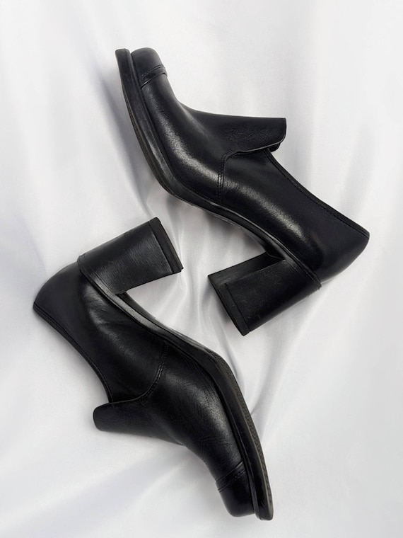 Vintage Black 3" Chunky Flared High Heel Leather … - image 1