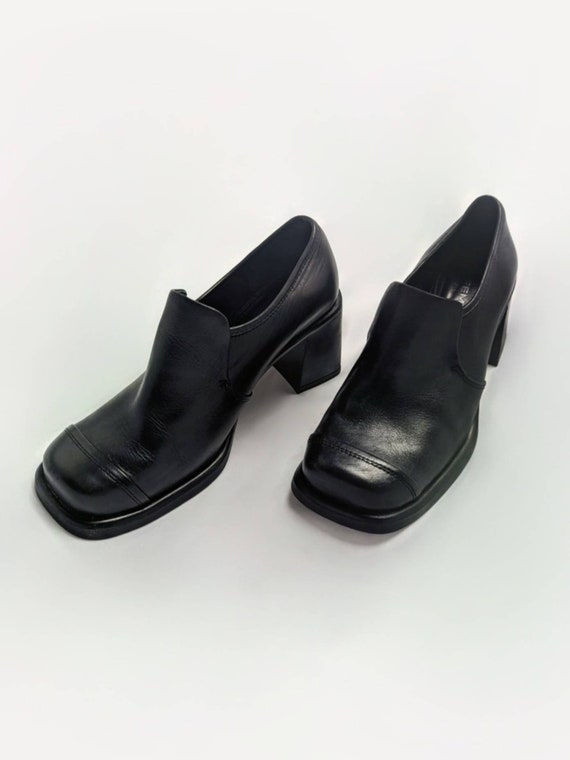 Vintage Black 3" Chunky Flared High Heel Leather … - image 2