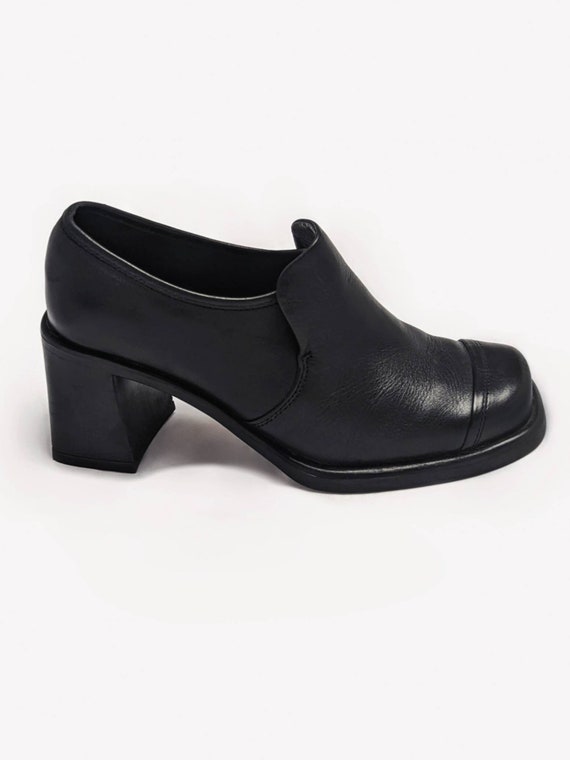 Vintage Black 3" Chunky Flared High Heel Leather … - image 4