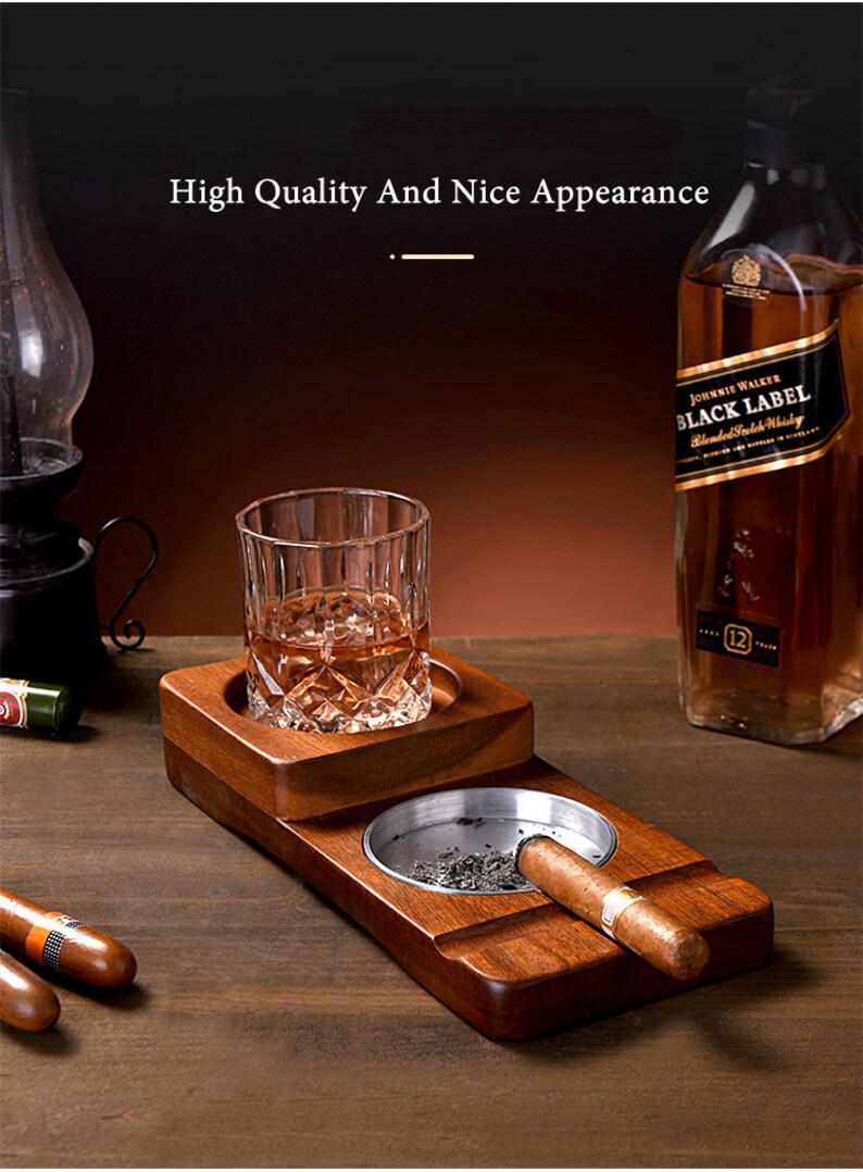 Wooden Whiskeybourbon and Cigar Ashtray and Drink Holder Combo Etsy