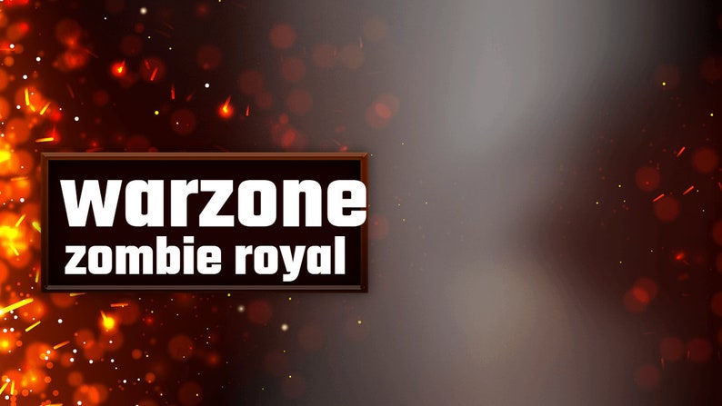 Puede incluir: Un letrero rectangular marr&oacute;n oscuro con texto blanco que dice "warzone zombie royal" sobre un fondo de luces bokeh naranja y rojo.