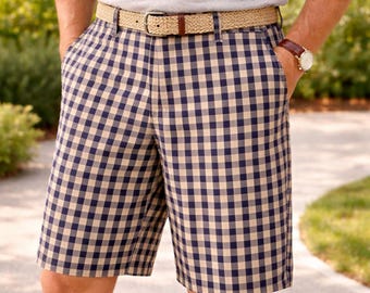 Dockers Shorts Men's Size 40 Blue Tan Check Chino Pockets Logo Work Casual Golf, Cell Phone Pocket, Men's Golf Shorts, men's cotton shorts