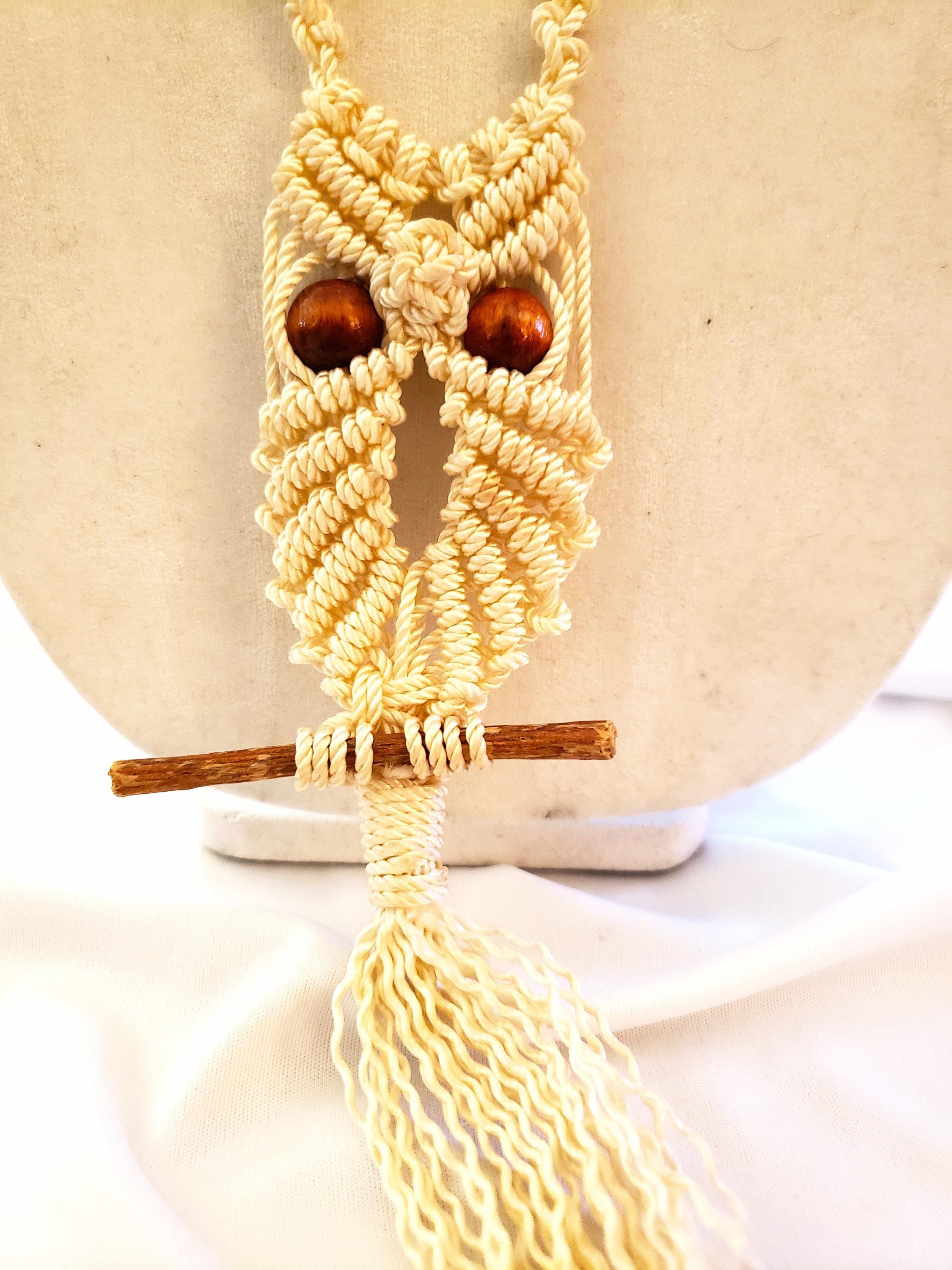 Vintage crochet owl necklace, 1970s necklace, bohemian necklace, boho necklace, hippie necklace, sta