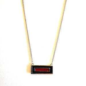Sarah Coventry Square Choker, red and black rectangle pendant, signed Sarah Coventry, silver chain and pendant with red and black rectangle
