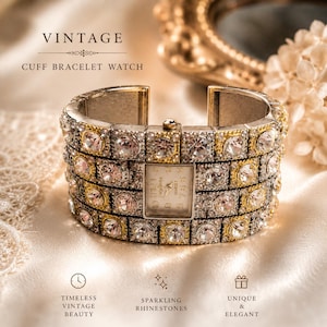 May include: Vintage cuff bracelet watch with a square face. The watch features a silver-tone band adorned with sparkling rhinestones and gold accents. The watch face has a cream-colored background with black numerals and hands. The text "VINTAGE" is at the top.