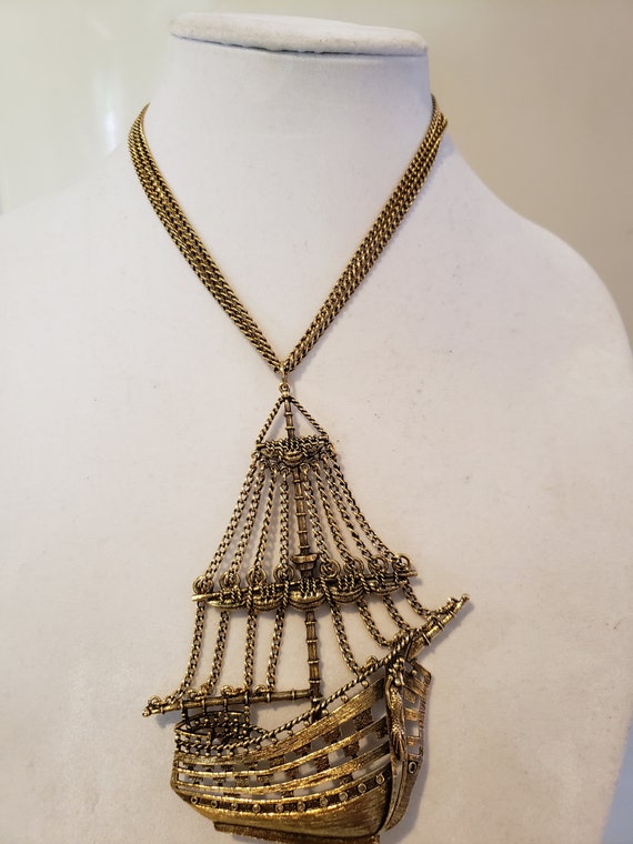Vintage pirate ship necklace, sailboat necklace, p