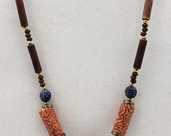 Vintage wood choker, orange and blue embossed choker necklace, surfer necklace, beach necklace, hippie, boho, beaded choker, unisex choker