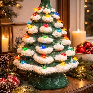 Vintage Green ceramic Christmas Tree with bird lights, Green snow covered lighted Christmas tree, Tabletop Christmas tree, tree with lights