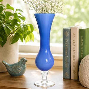 Vintage Cobalt Blue Art Glass Bud Vase, 16" Tall, Hand Blown Style Vase, Mid Century Modern Decor, Blue Glass Vase, Statement Vase