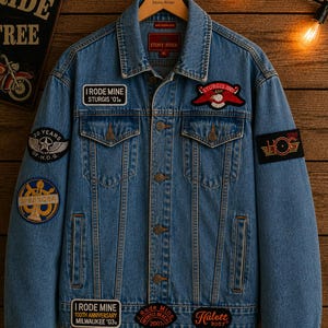 Men’s Stoney River Denim Jacket – Sturgis 2001 HOG, Hulett, Myrtle Beach Patches, American Flag & Cincinnati patch, Harley Rally Jacket,